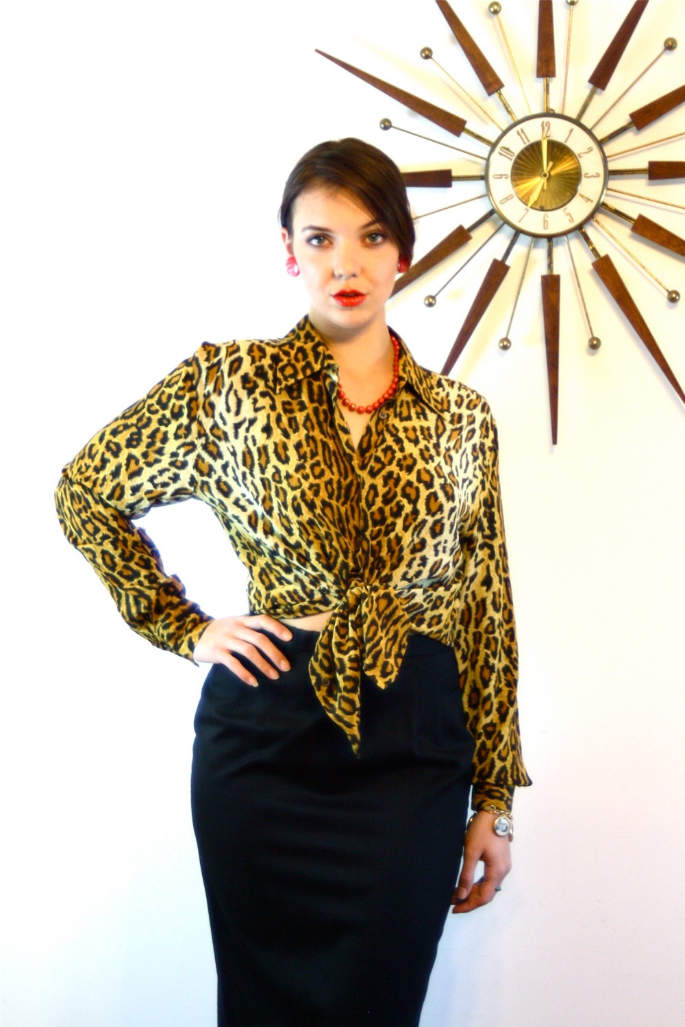 Vintage SILK Leopard Blouse 1980s Long Sleeve Button Down Cuff Collar ...
