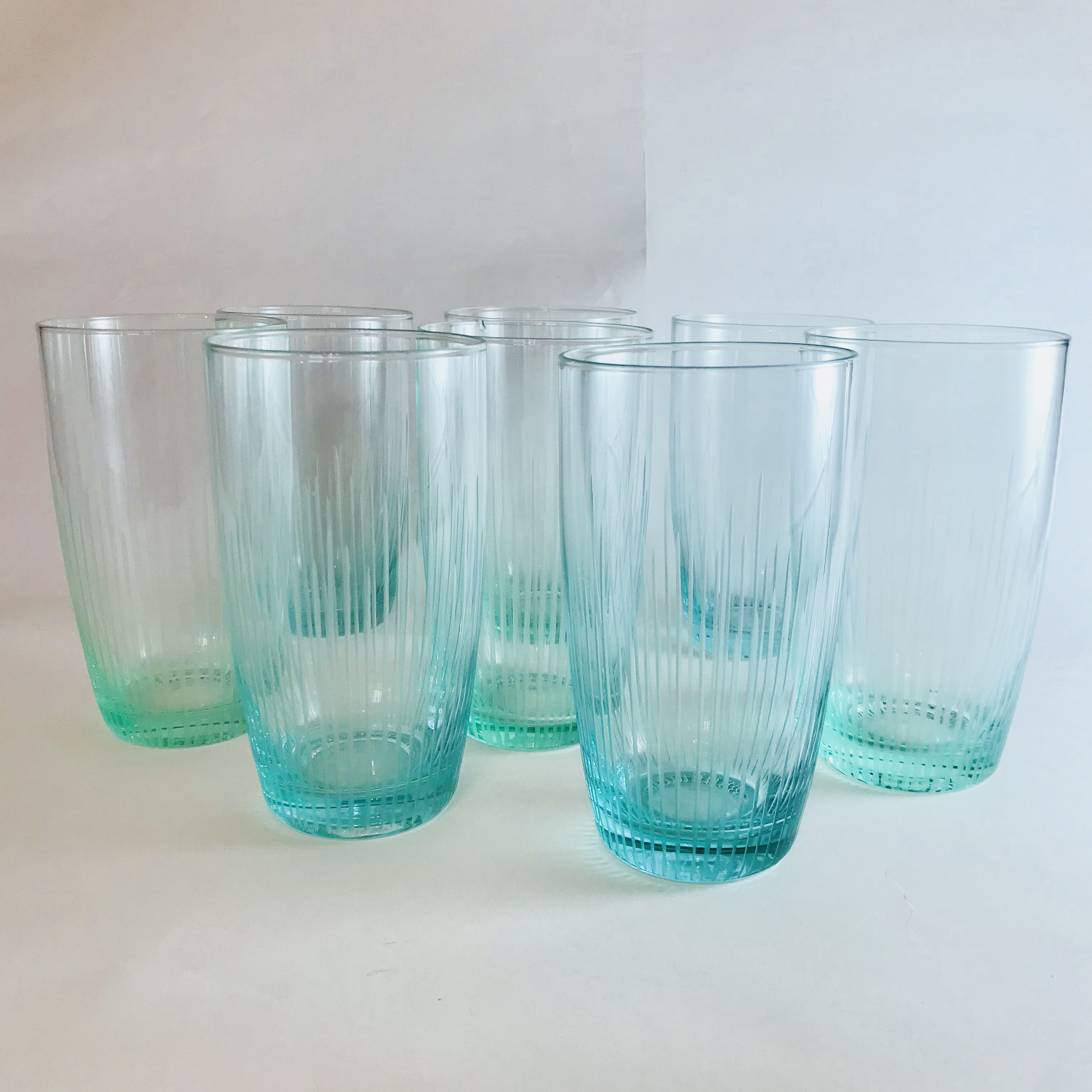 Tall 60s blue glasses, Set of 8 eight, etched 1960s glass, Cyan aqua