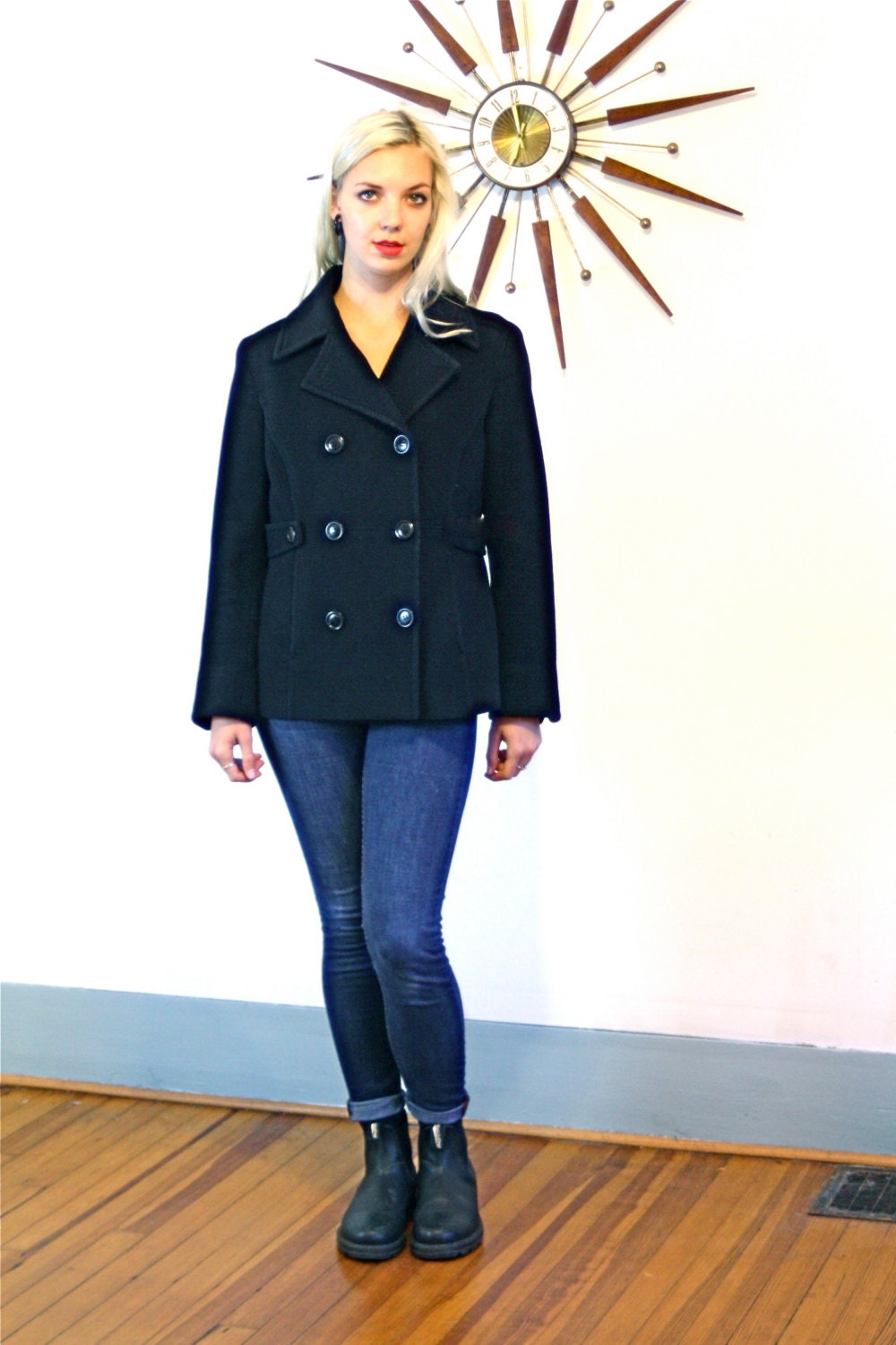 Vintage 70s Black Wool Pea Coat Cashmere Blend Short Double Breasted ...