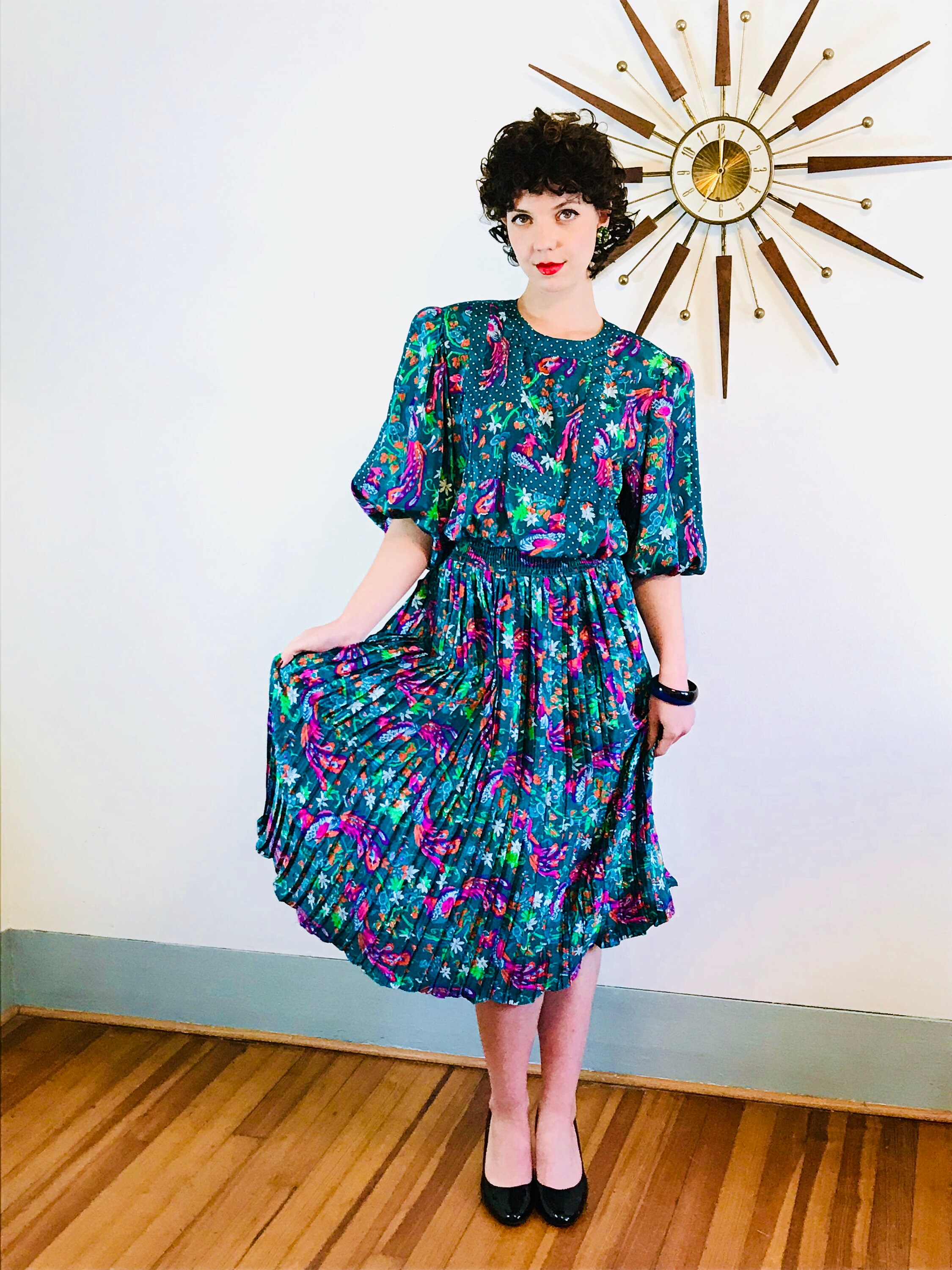 DIANE FREIS dress, Vintage 1980s dress, Gypsy scarf Dress, Big Puff Sleeve, Dark Green, Boho