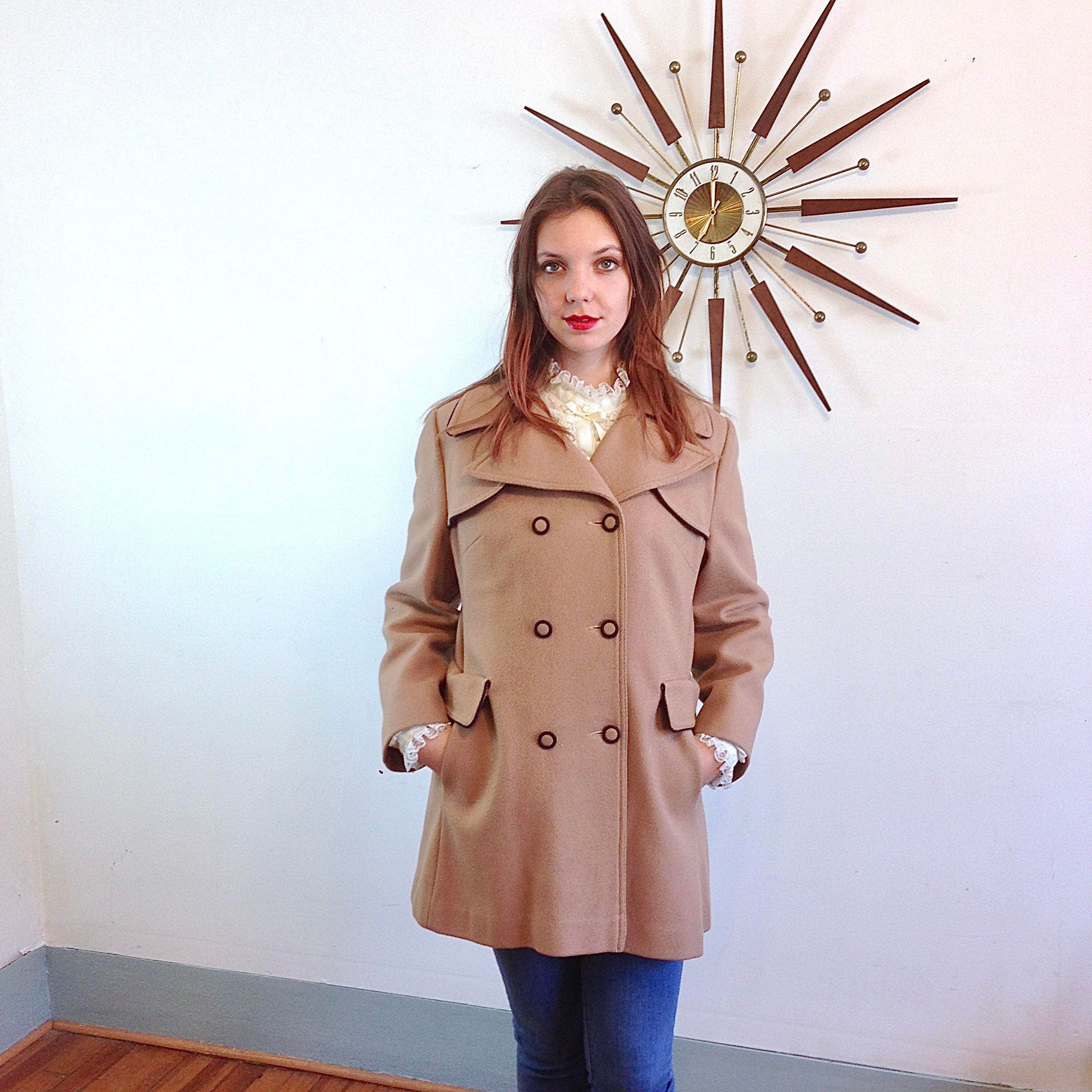 Tan Pea Coat, VINTAGE 70s coat, Camel Pea Coat, Double Breasted Coat ...