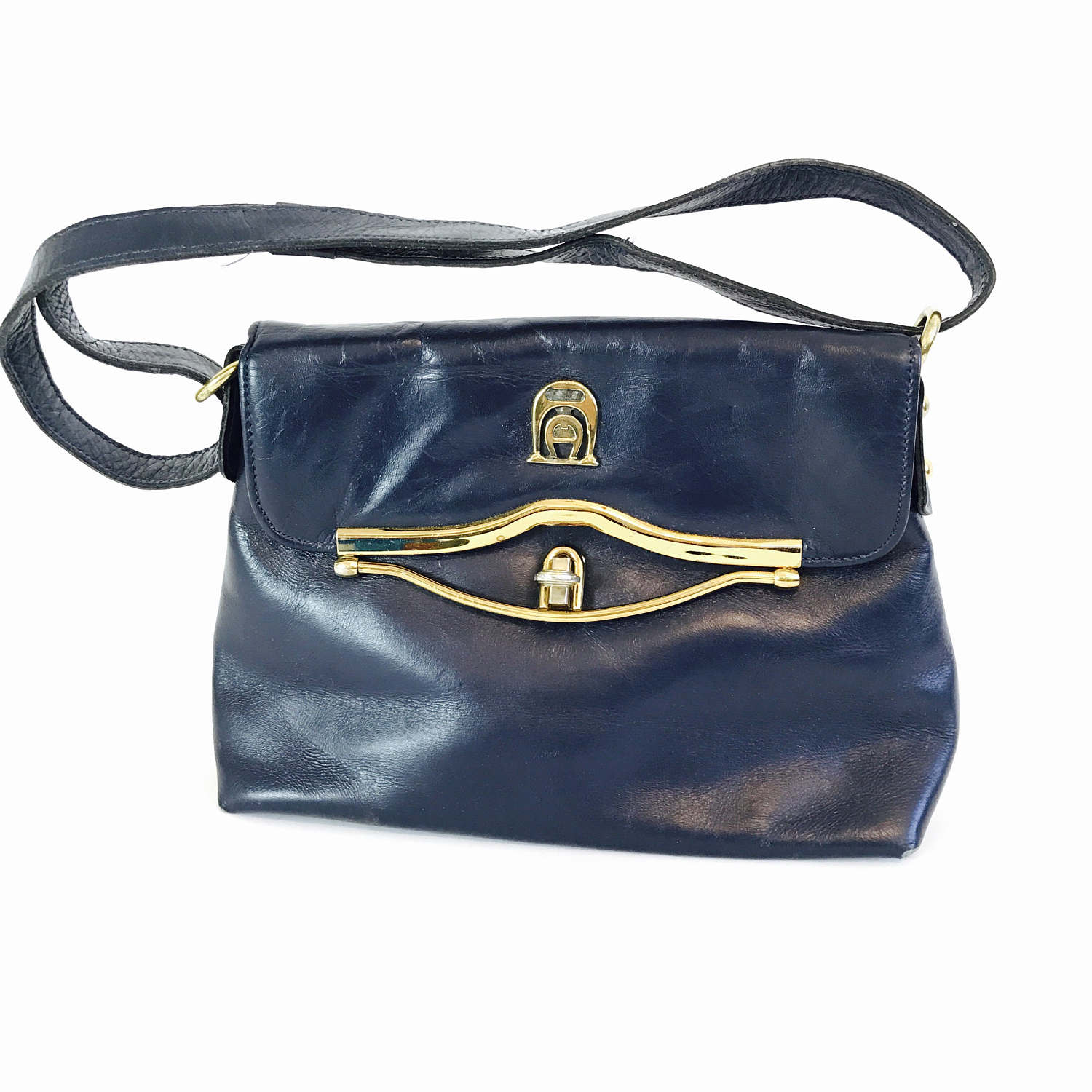 noget Arkitektur Port Etienne Aigner bag, Vintage 70s purse, blue leather handbag, Navy Blue  purse, 1970s Shoulder Bag, blue leather Satchel, fold over handbag,