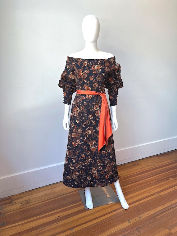 1970s Cotton Floral Print Maxi Dress, 70s Black & Rust Long Sleeve Dress, Square Neck Vintage Maxi Dress, 1970s Boho Floral Maxi Dress