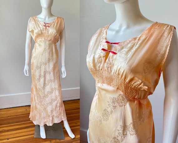 1930s silk rayon nightgown, 1940s rose embossed slip dress, 30s pink bias cut negligee, vtg sleeveless full length maxi slip 40s peach dress
