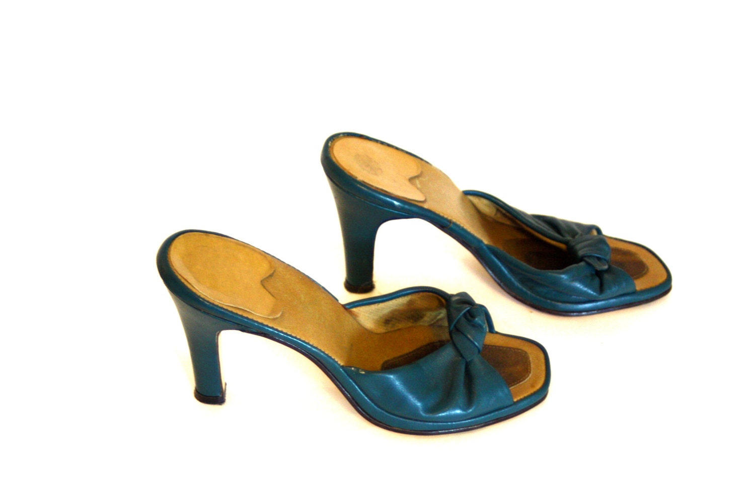 Vintage 60s Teal Leather Mules Blue-Green PENALJO Sandal Slip Ons Twist ...