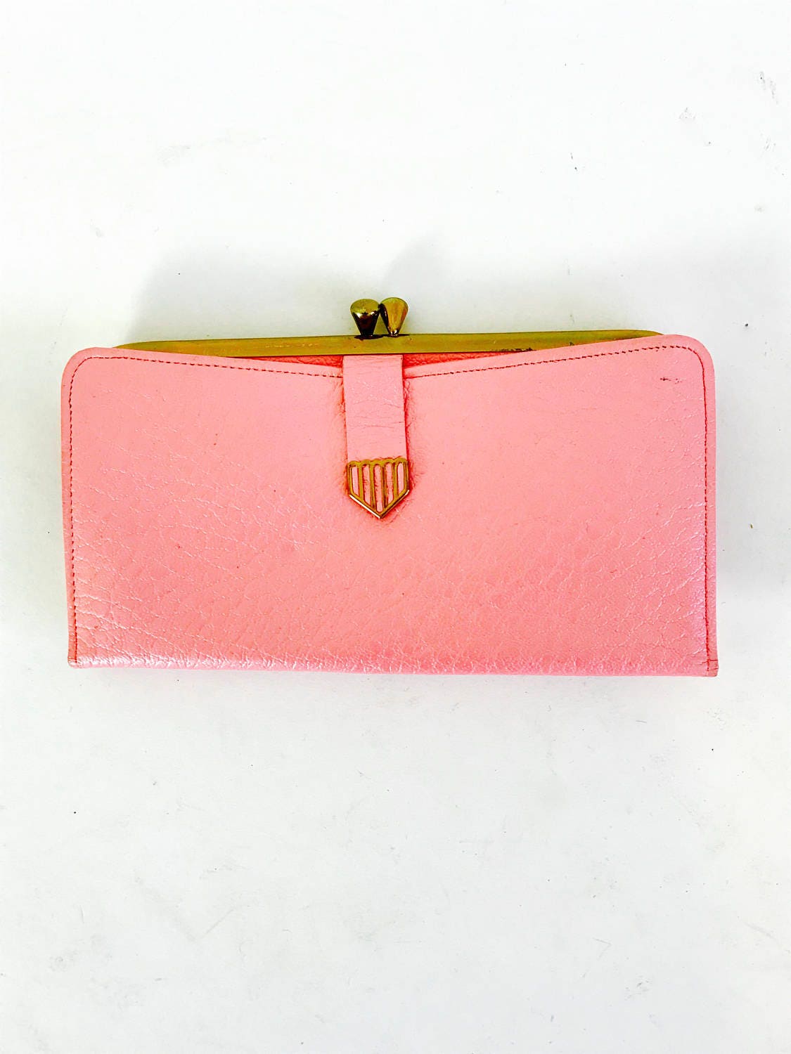 Vintage 50s Pink Leather Long Wallet Large Snap Coin Purse