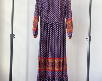 1970s Floral & Border Print Maxi Dress, 70s Cotton Dress By Lounge Things, Blue Red Yellow Vintage Maxi Dress, 1970s Boho Floral Dress