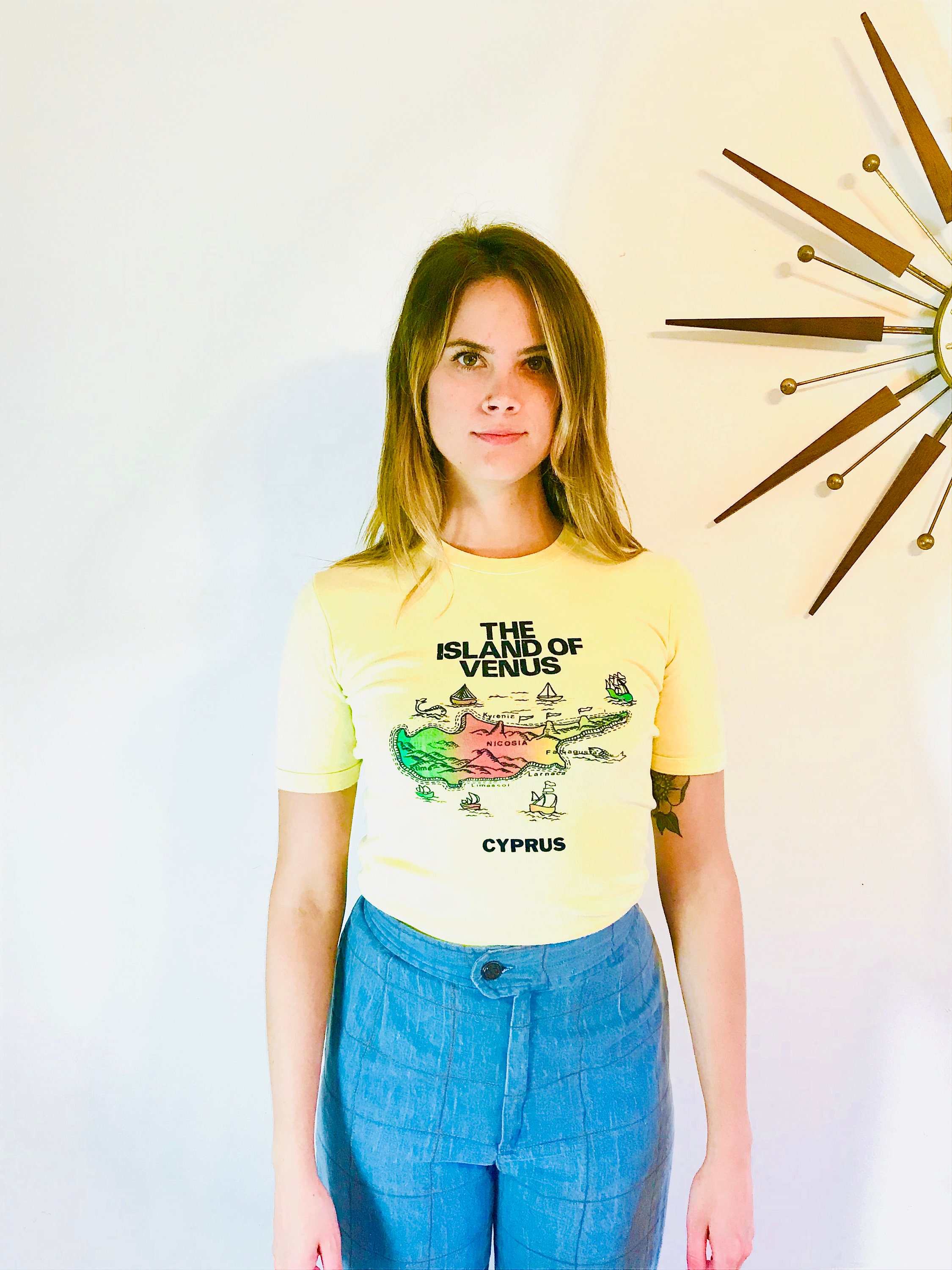 Vintage 70s fitted t-shirt, Womens tight yellow tee, Cyprus The Island