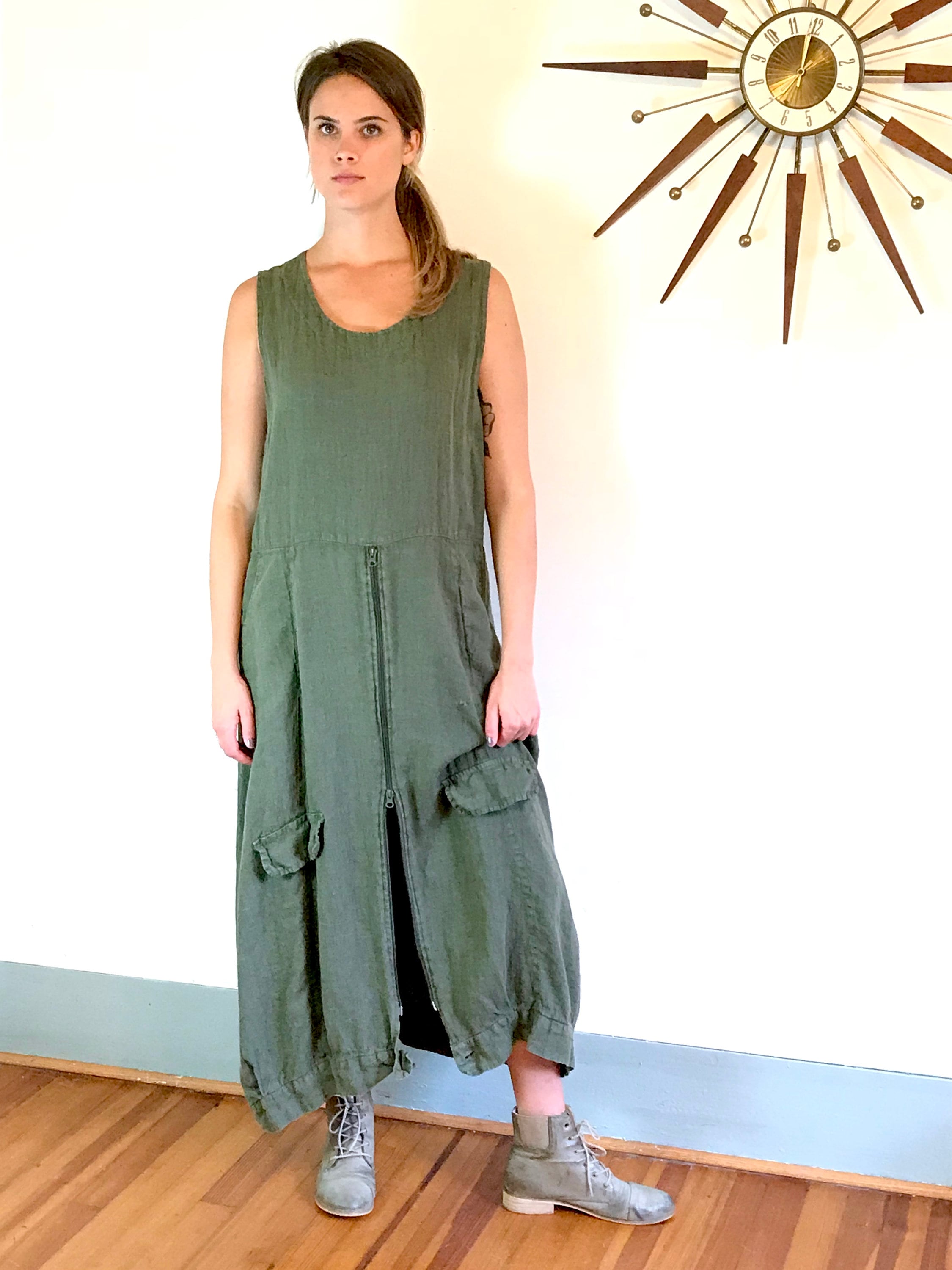 Vintage 90s Linen Sack Dress Army Green Maxi Dress Smock Boxy Baggy