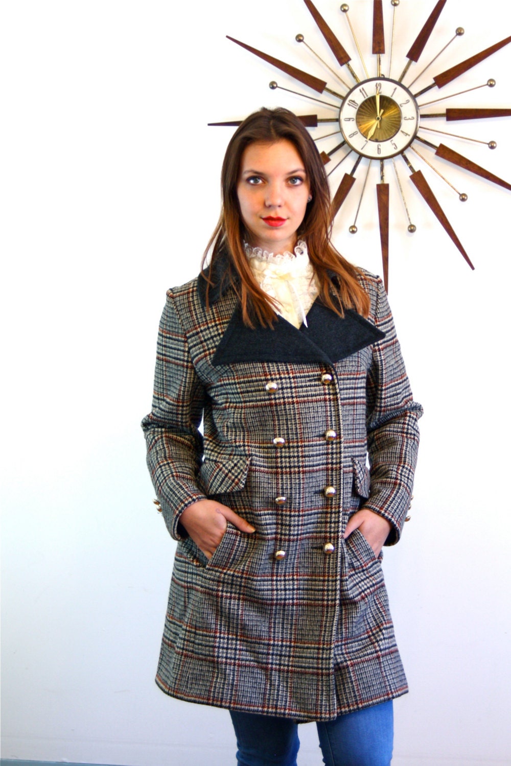 Mod 60 Coat, Plaid wool coat, Vintage 1960s coat, 60s plaid coat, Gray ...
