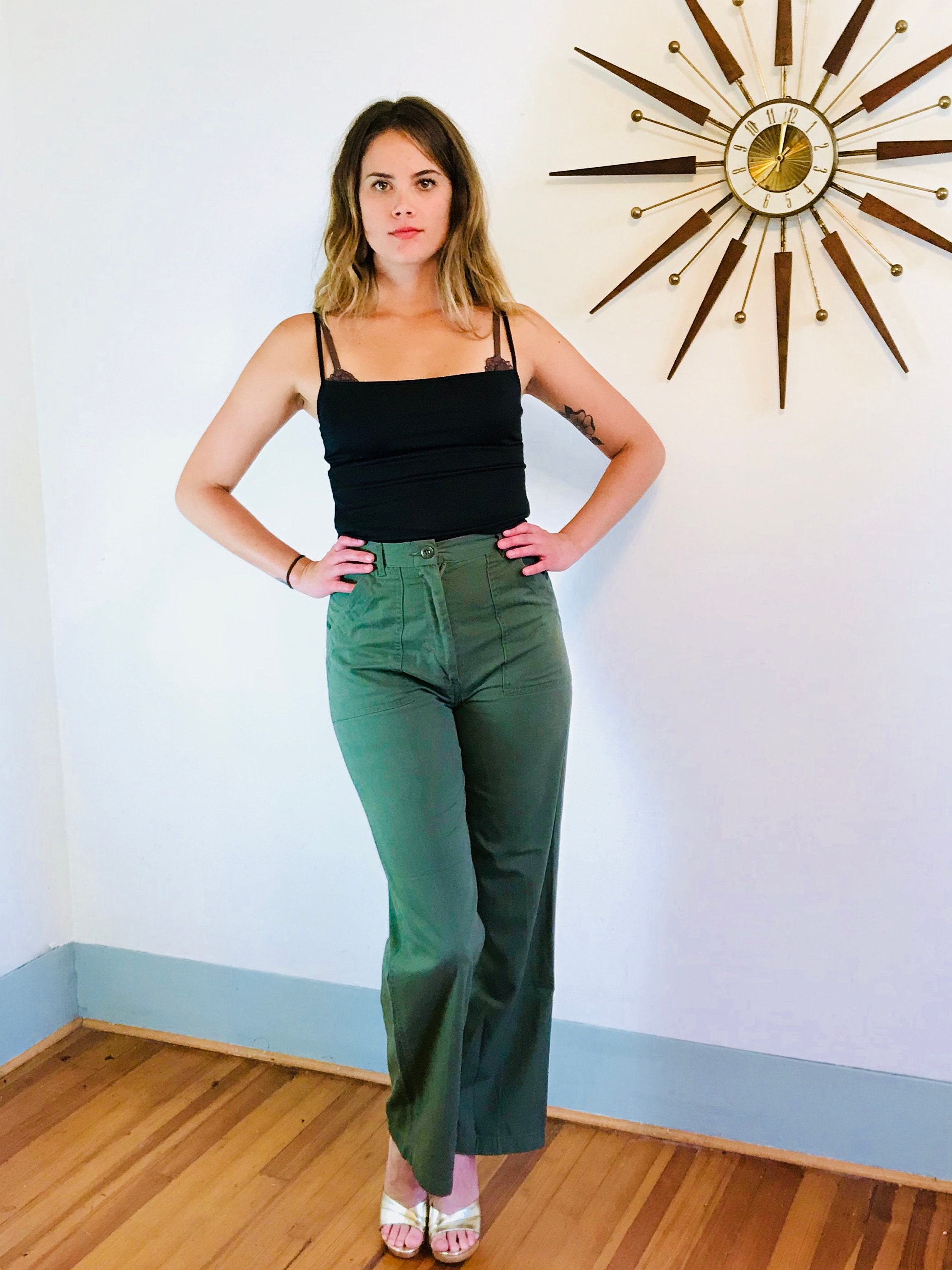 Vintage Army Pants, Womens Army Slacks, Military Issue pants, Super High Waisted, High Rise