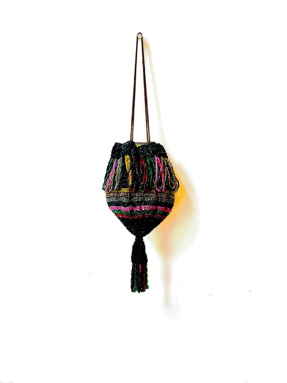 Antique Rainbow Micro Beaded Evening Bag, Beaded Drawstring Tassel Pouch Purse, Multicolor Beaded Rhinestone Handbag, Unique Beaded Purse