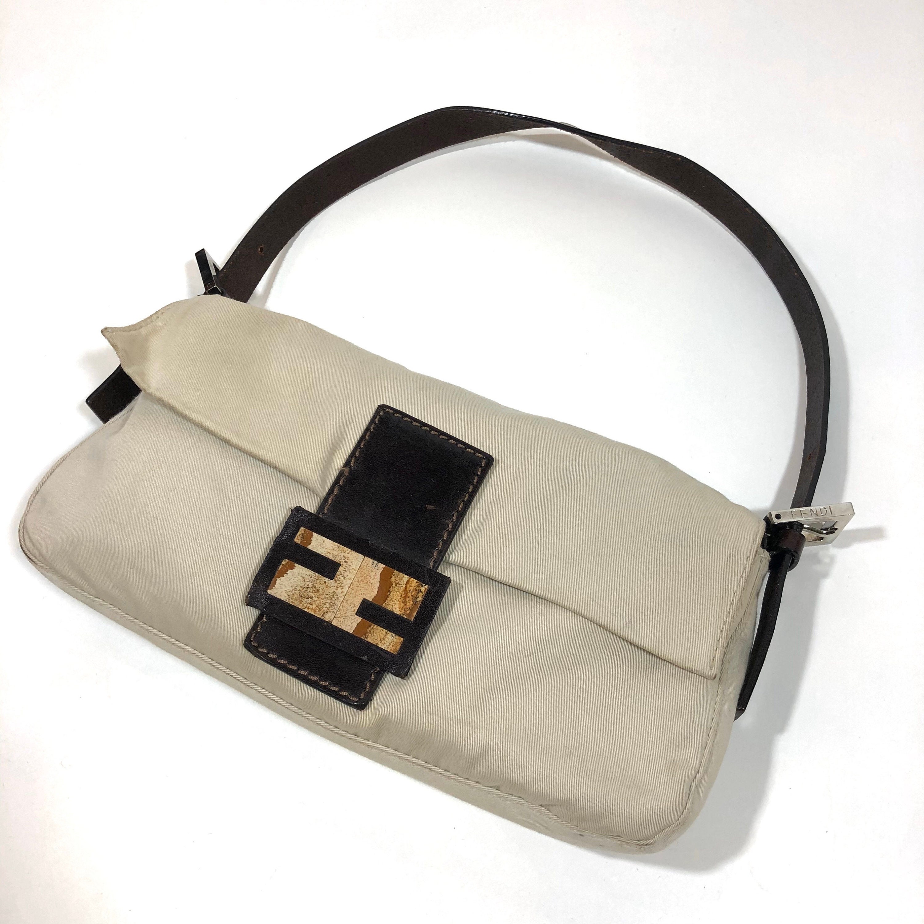 Authentic Fendi Cream Canvas Baguette Bag Sandstone Buckle, brown ...