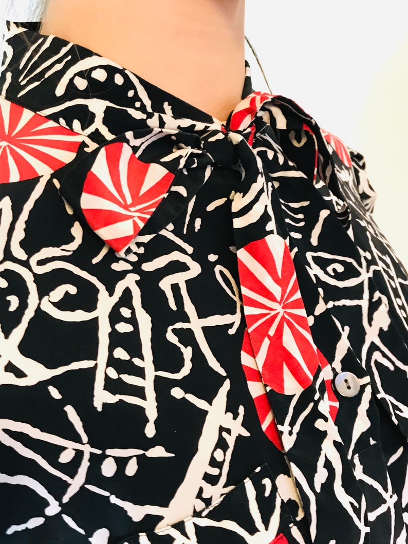 80s black silk Paul Costelloe dress XL geometric pattern long sleeve dress 1980s does 40s red white peppermint candy print pussy bow tie
