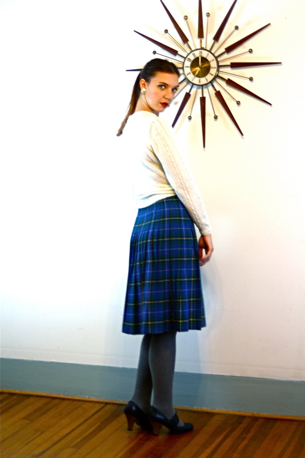 Vintage 60s Plaid Wool Wrap Skirt High Waisted Pleated Blue Green  