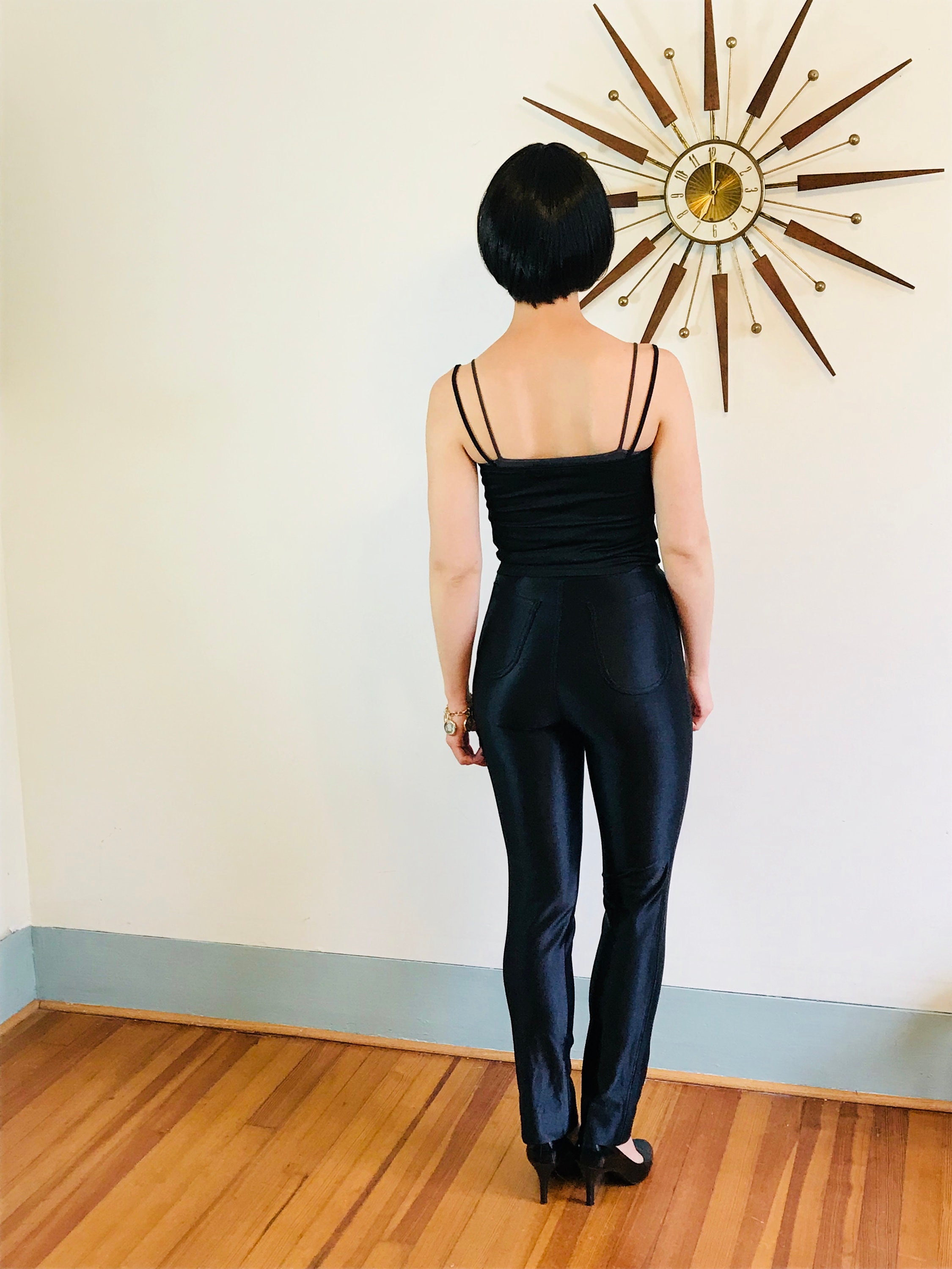 Vintage 70s Disco Pants Shiny Black Spandex Jeans Skin Tight Pant Black Cigarette Pants