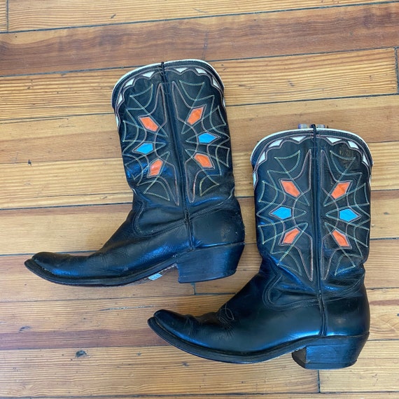 Vintage 1950s Peewee shorty Cowboy Boots, black orange white blue cutout Inlay, spider web embroidered 50s Pee Wees, Men 6.5 D, Wmn 7.5-8