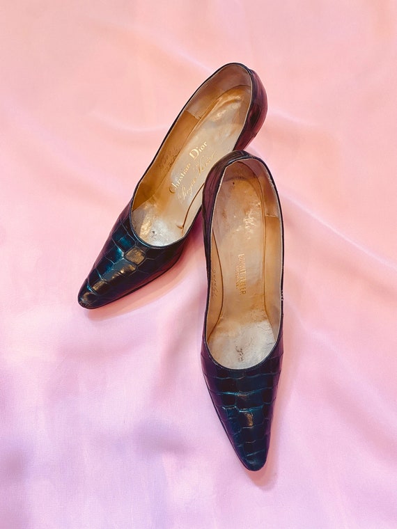 Vintage 1950s Christian Dior by Roger Vivier Black Croc Stiletto Heels Size 7.5