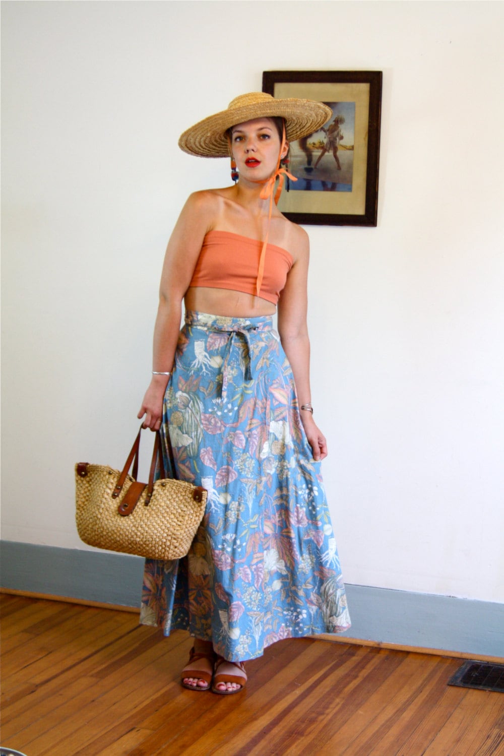 Long Wrap Skirt Vintage 70s skirt High Waisted skirt Cotton wrap skirt Powder blue Floral print skirt 1970s Maxi Skirt Hippie skirt