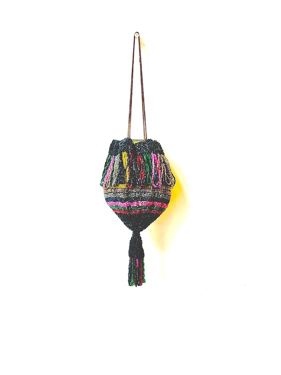 Antique Micro Beaded Evening Bag: Rainbow Tassel Drawstring Pouch