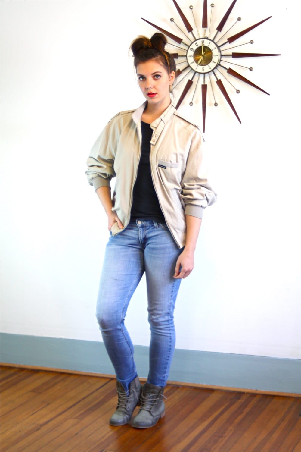 Members Only Jacket Vintage Original 1980s Members only 80s Windbreaker Boxy Cut Bomber Beige Khaki Tan Bone Members Only Size 46