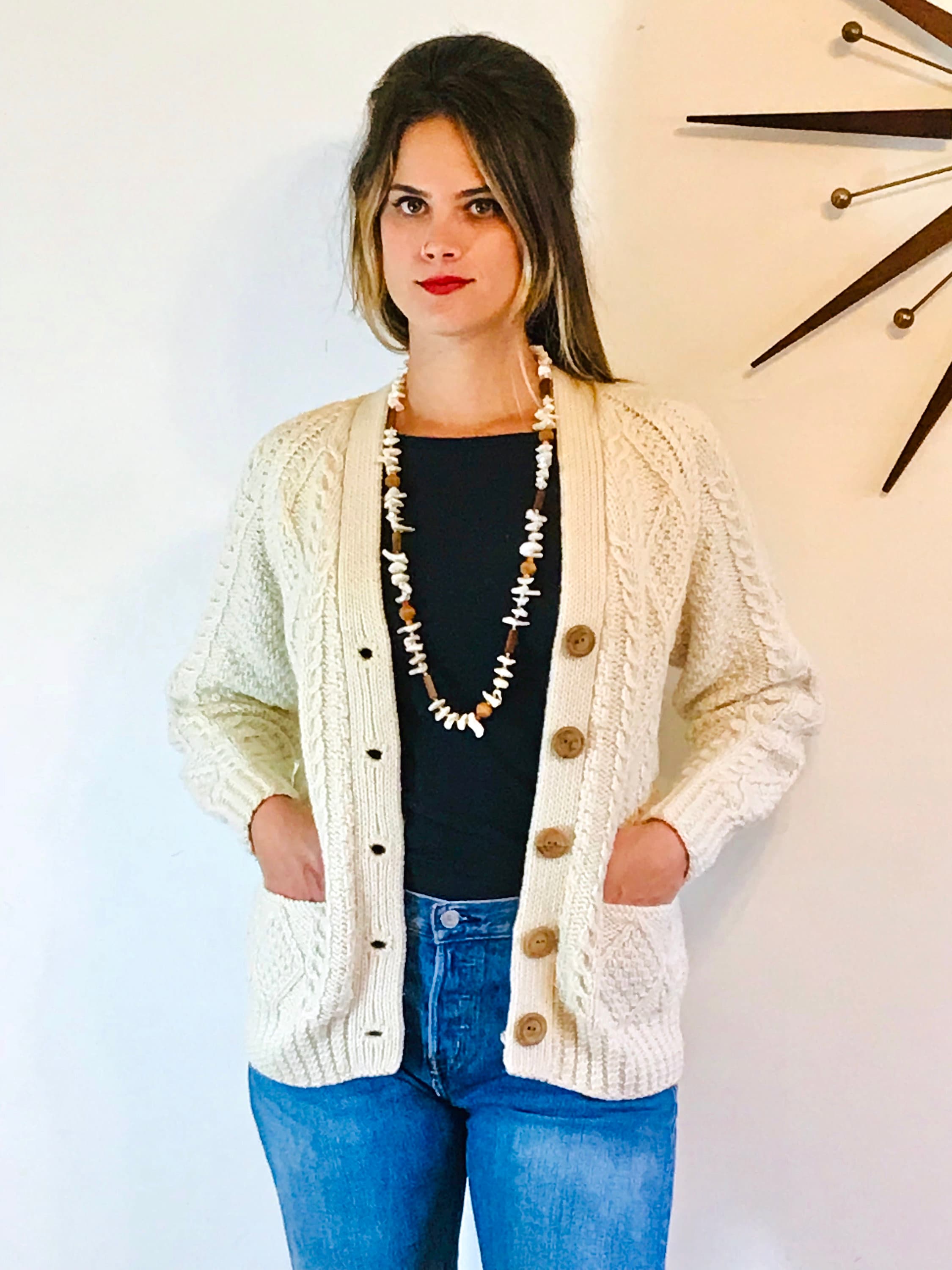 Vintage 60s Irish Wool Fisherman's Sweater Cream Cable Knit Aran