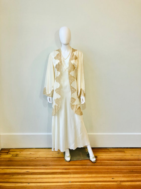 30s Ivory silk rayon lace robe, Lady Duff Bur-Mil,