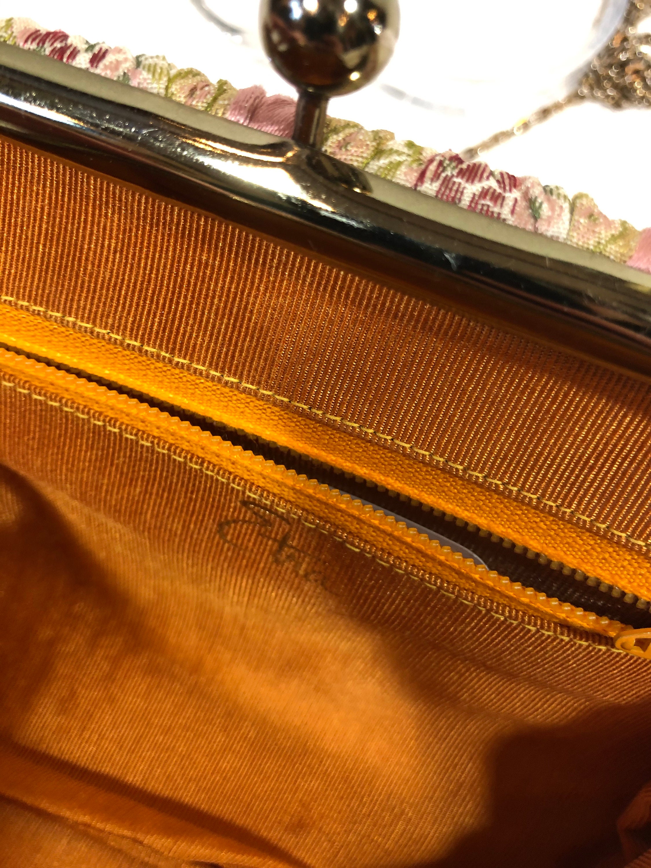 60s tapestry handbag, 1960s Etra purse, Long chain crossbody, pink gold ...