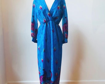 1970s Agnes Johnson Dress, 70s Blue Peacock Dress, 70s Long Sleeve Dress, 70s Chiffon Maxi Dress, 1970s Peacock Maxi Dress, Blue Purple Red