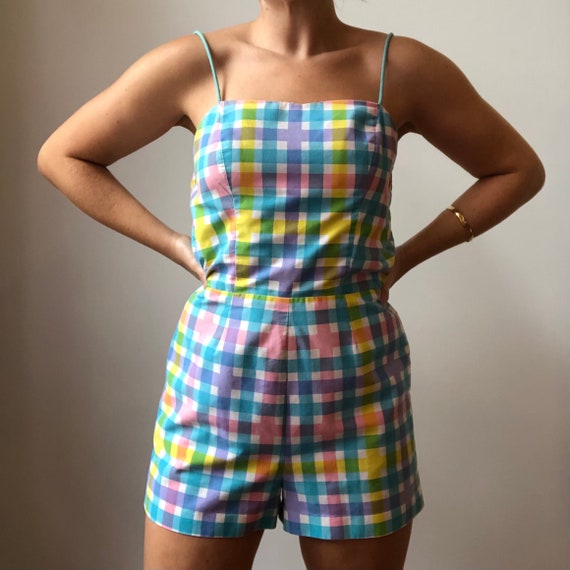 Vintage 1960s Bright Checkered Print Romper, 60s Beachwear Playsuit, Blue Green Yellow Pink Vintage Romper, 1960s Spaghetti Strap Playsuit