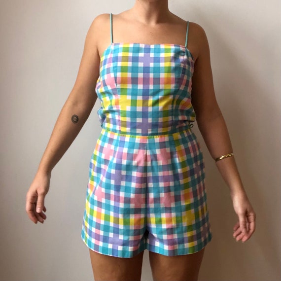 Vintage 1960s Bright Checkered Print Romper, 60s Beachwear Playsuit, Blue Green Yellow Pink Vintage Romper, 1960s Spaghetti Strap Playsuit