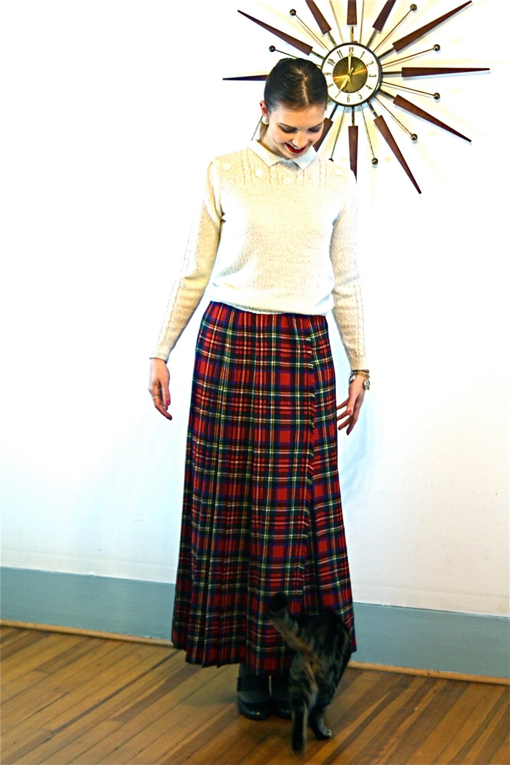 Plaid maxi skirt, Wool plaid skirt, Long wool skirt, Vintage 60s skirt