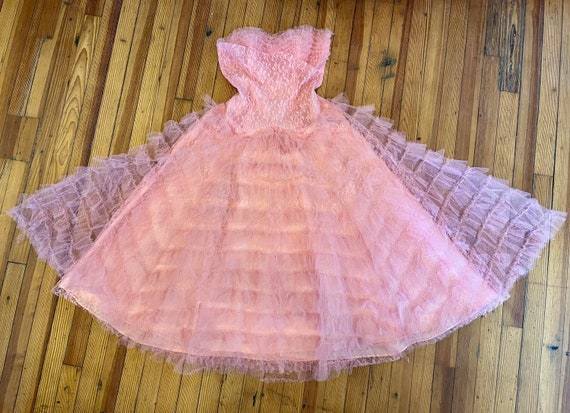 Vintage 50s pink ruffle tulle Prom Dress, 1950s T… - image 5