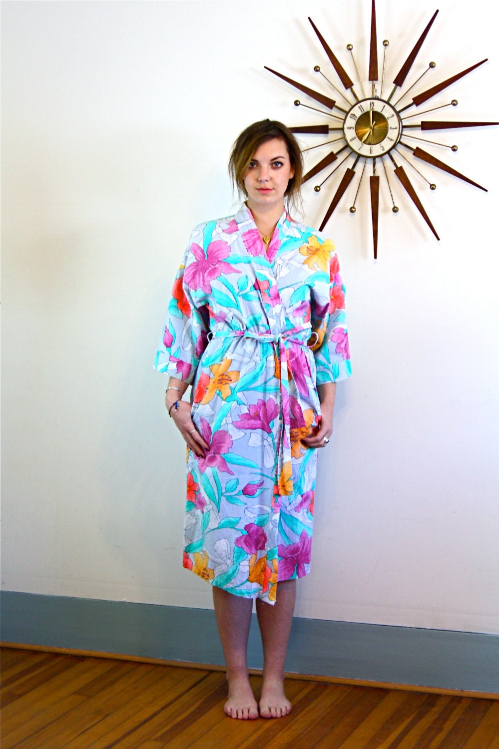 Vintage Cotton Bathrobe Neon Floral Robe by Donna Beth Gray Bright Aqua