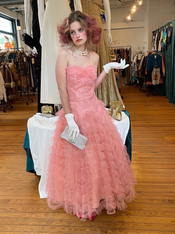 Vintage 50s pink ruffle tulle Prom Dress, 1950s T… - image 2