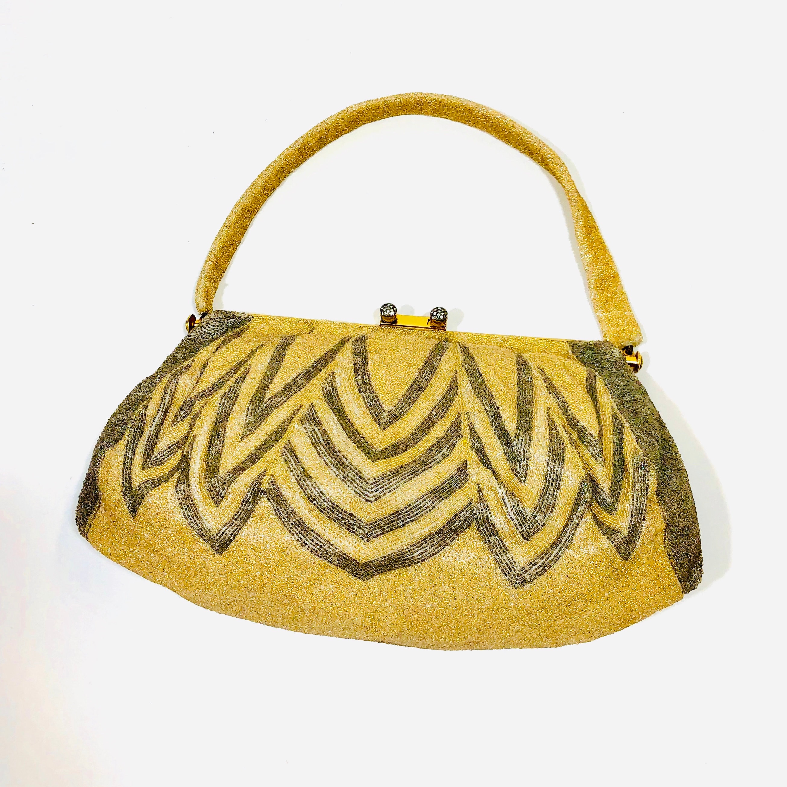 Gold Vintage Antique Beaded Handbag Purse 1920s 30s Century Hand Made In  France