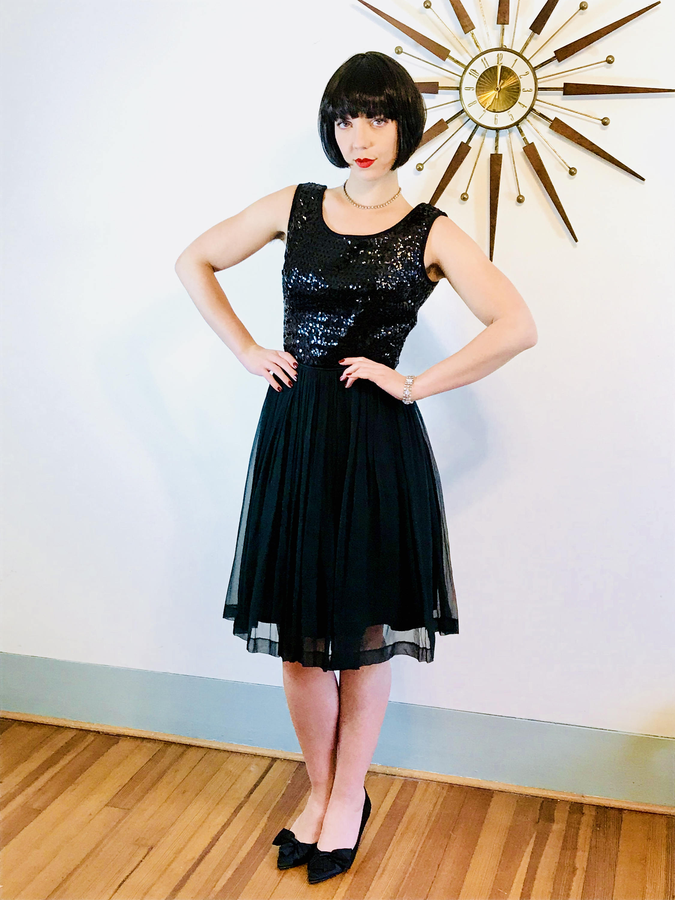 Black 60s cocktail dress, 60s Sequin Dress, Chiffon Party Dress, Little Black Dress, 50s