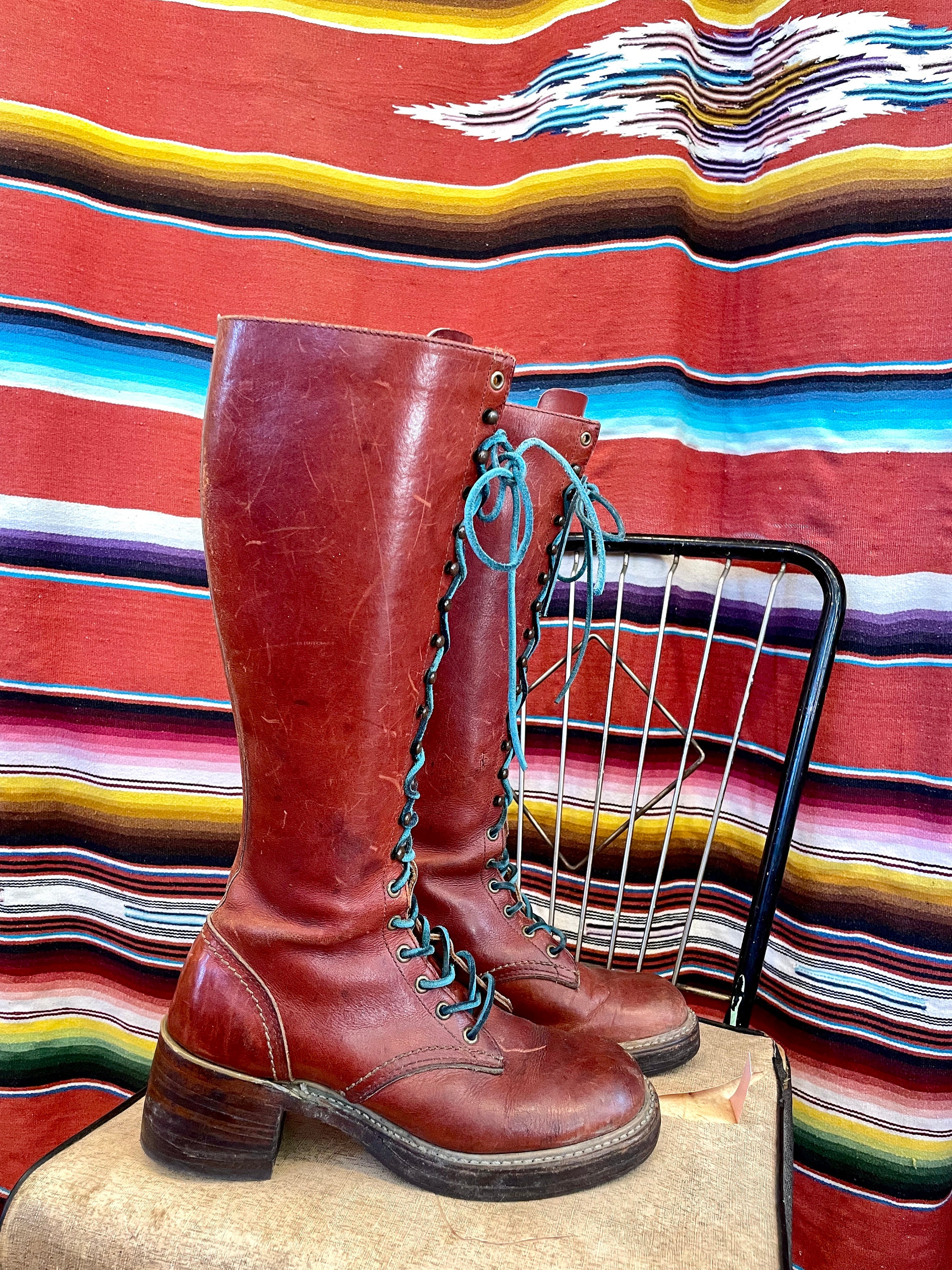 Vintage Bort Carleton Tall Leather Lace Up Boots, 1970s stacked wood heel  campus boots, 70s blue laced combat hippie gypsy boots, Women's 8