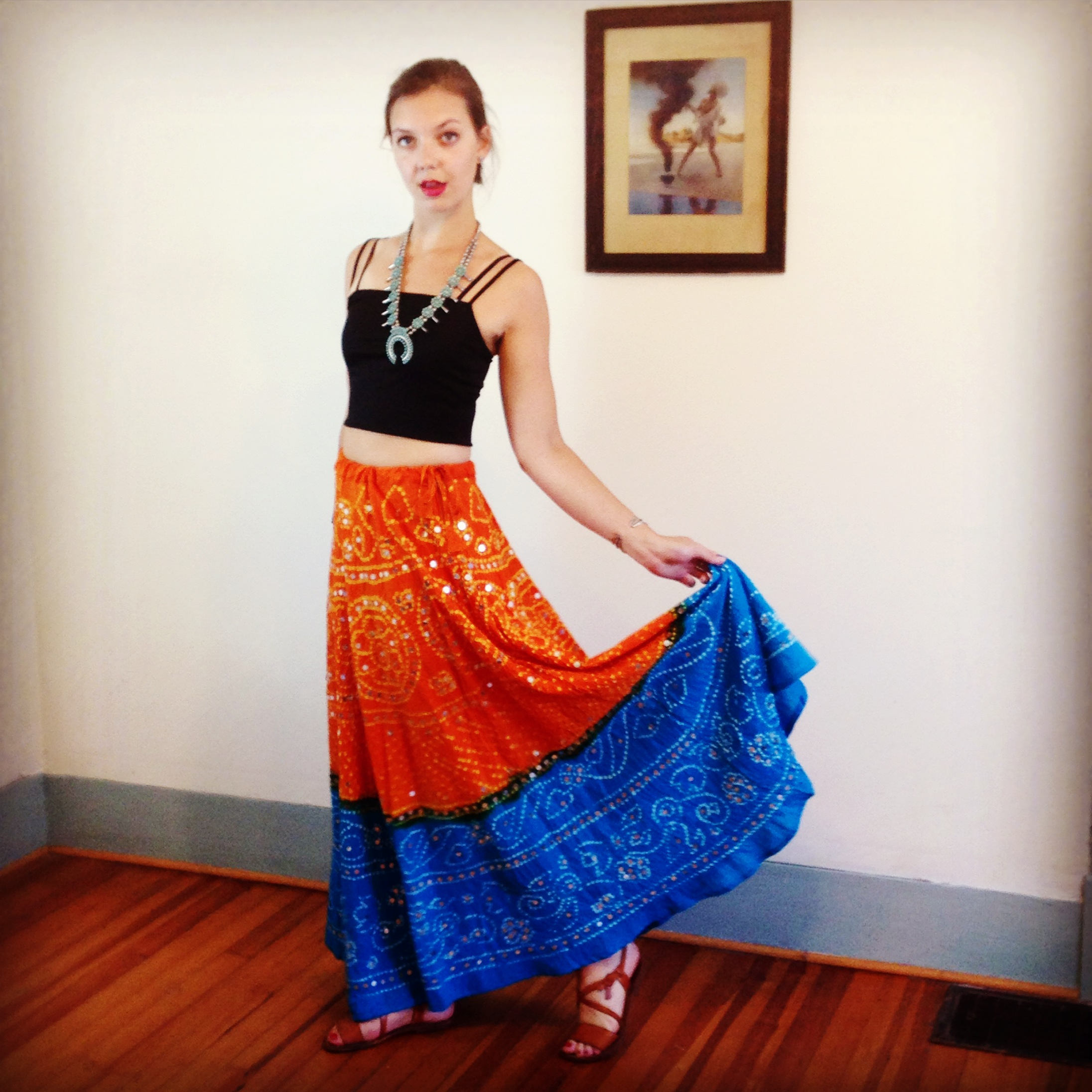 Vintage Indian skirt, hippie India skirt, belly dancing skirt, blue tie dye, ethnic maxi skirt