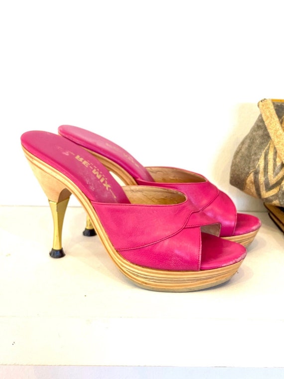 Vintage 70s Pink Polly Heels, Re-Mix platform, gold wood spike stiletto, Barbie pink leather disco pump, Sexy slip on Rockabilly mules, SZ 6