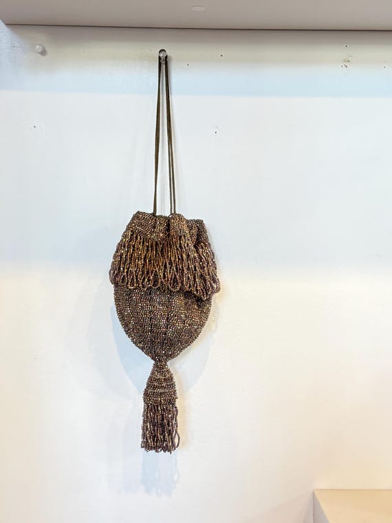 Antique Micro Beaded Evening Bag: Gold Bronze Tassel Drawstring Pouch Vintage 1920s Flapper Purse