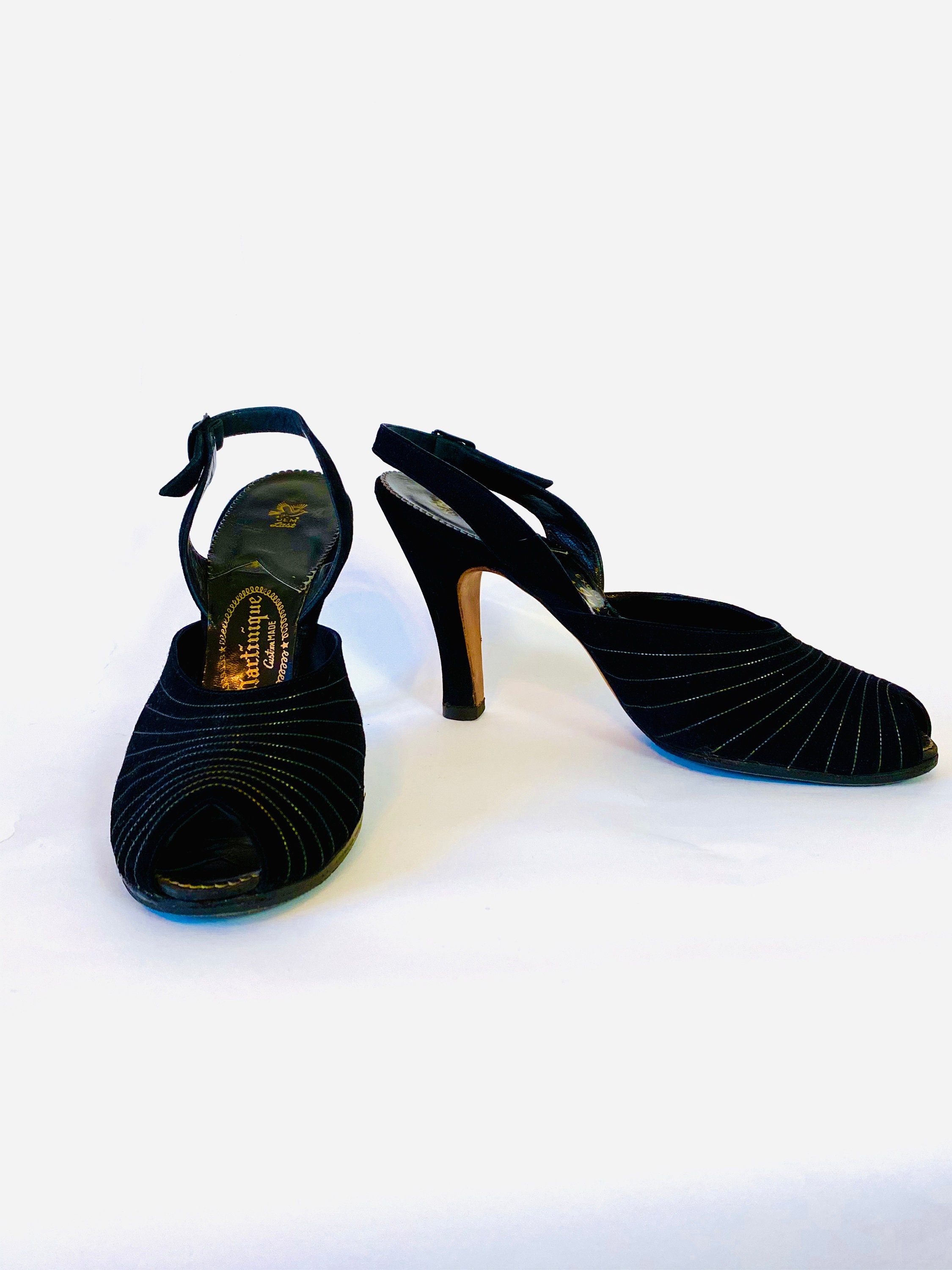 40s Martinique black peep toe slingback heels, 1940s strappy Womens ...