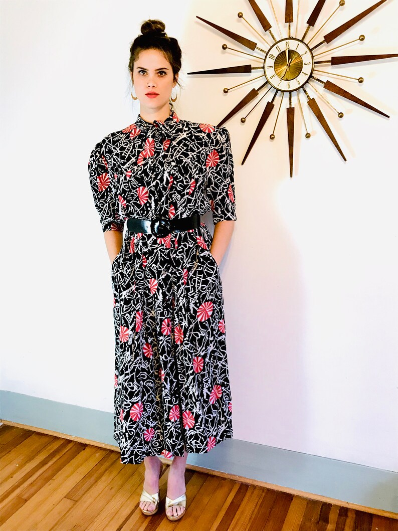 80s black silk Paul Costelloe dress XL geometric pattern long sleeve dress 1980s does 40s red white peppermint candy print pussy bow tie