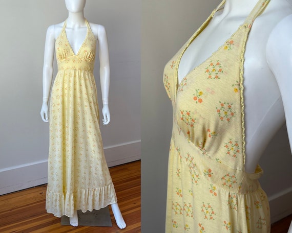 1970s Miss Dior Floral Printed Nylon Jersey Halter Neck Dress
