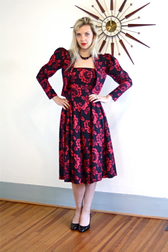 1980s Laura Ashley Dress and Jacket Set, floral dress, 80s Strapless Dress and Bolero Jacket 2 Piece Set, Navy & Hot Pink Rose Floral Print