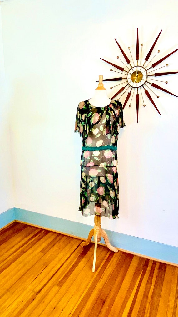 1930s floral silk chiffon dress, Vintage sheer 30s