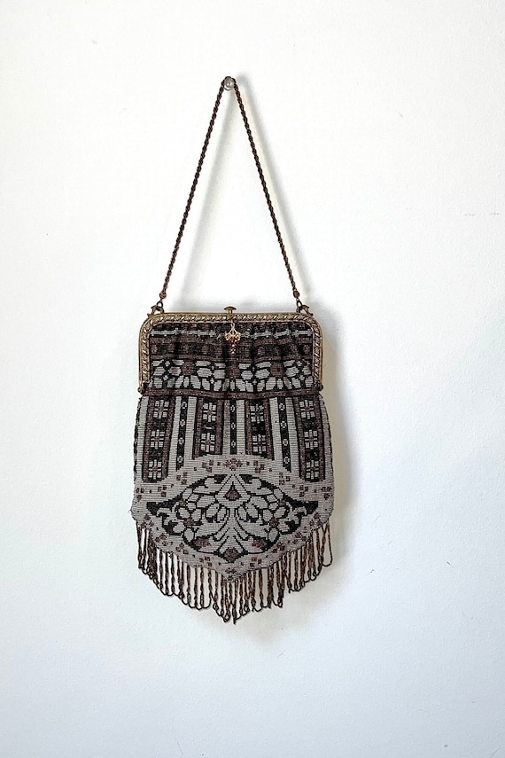 Antique 1800s Steel Bead Purse, Gilded Age Large Silver Black & Brass Bag w/ Grape Charm, Vintage 1900s Regencycore Bridgerton Beaded Purse