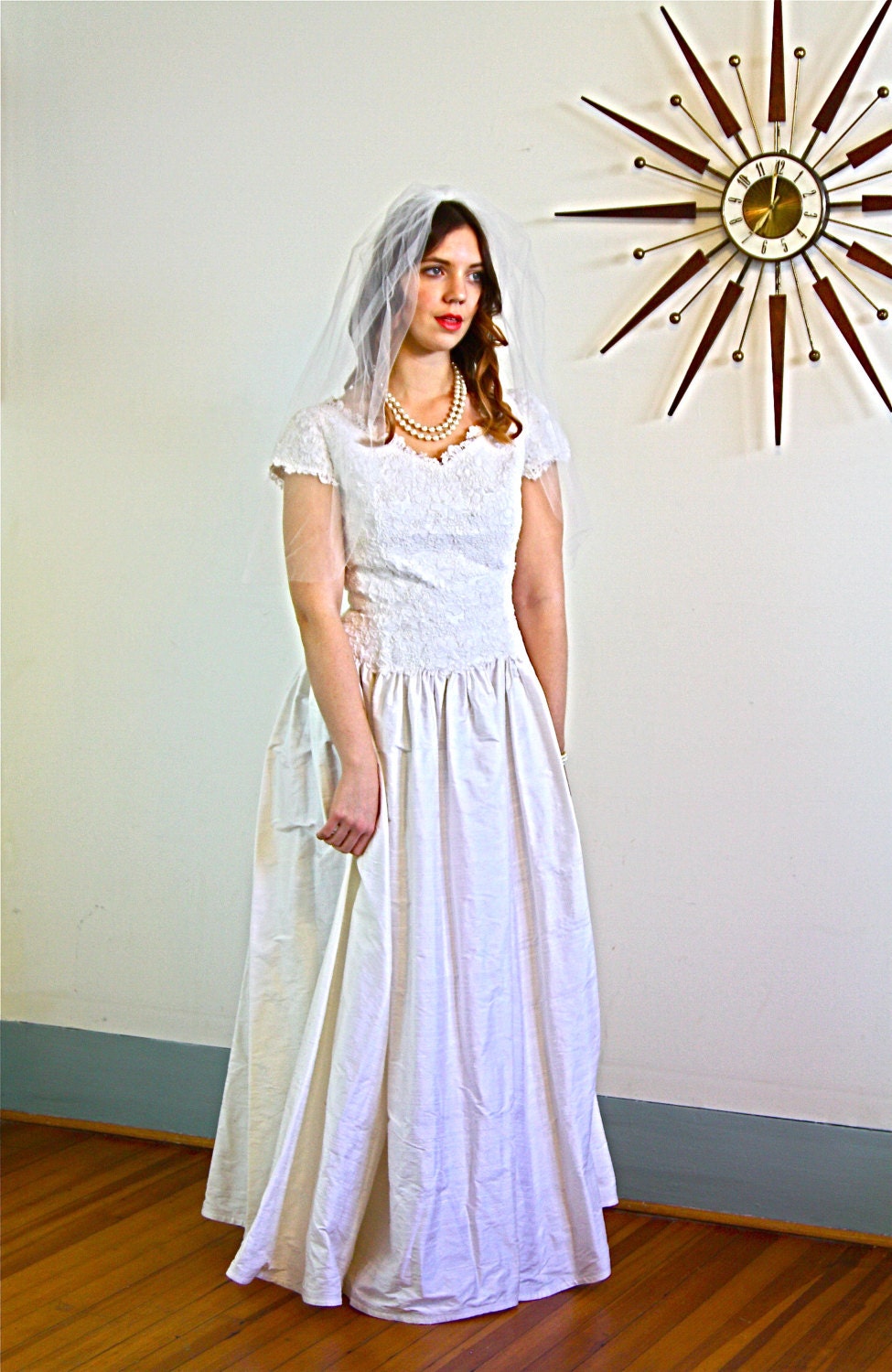 Vintage 60s gown, Modest Wedding Dress, Chantilly Lace gown, Sweetheart