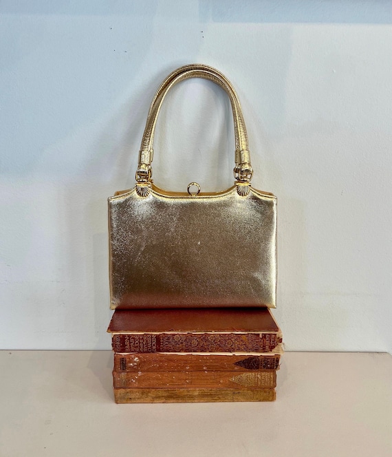 Vintage 50s Gold Lame Leather Handbag, 1950s Gold Lame Satin Lined Top Handle Bag, Purse by After Five w/ Mirror, Coin Purse, & Hair Comb