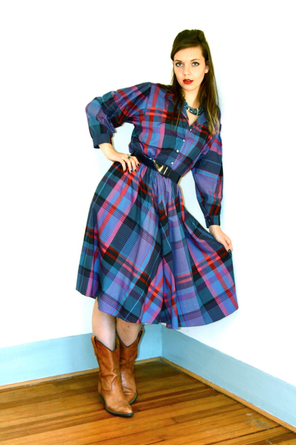 blue and black plaid dress